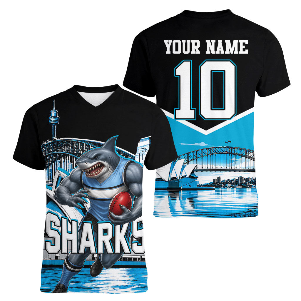 Personalised Sydney Sharks Rugby Women V-Neck T-Shirt Muscular Mascot Harbour Bridge Skyline Graphic
