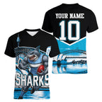 Personalised Sydney Sharks Rugby Women V-Neck T-Shirt Muscular Mascot Harbour Bridge Skyline Graphic