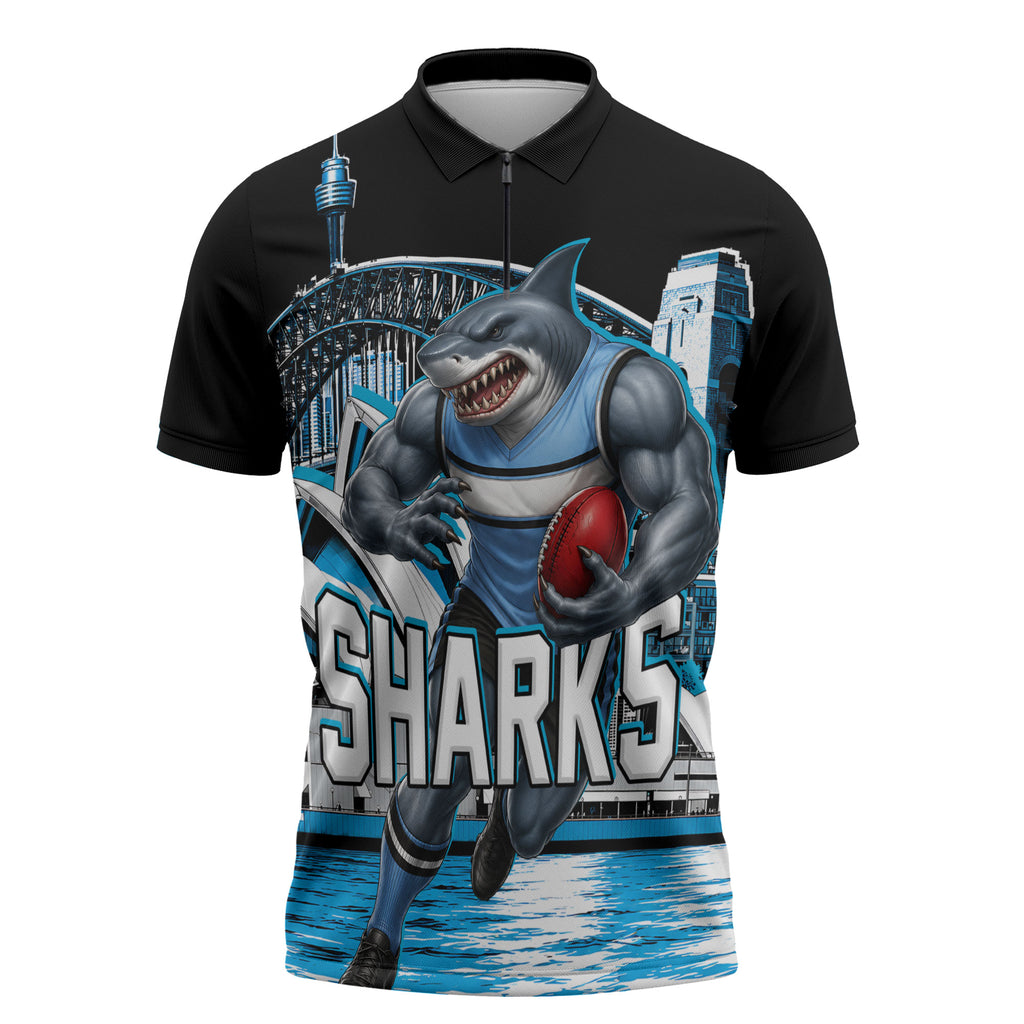 Personalised Sydney Sharks Rugby Zipper Polo Shirt Muscular Mascot Harbour Bridge Skyline Graphic
