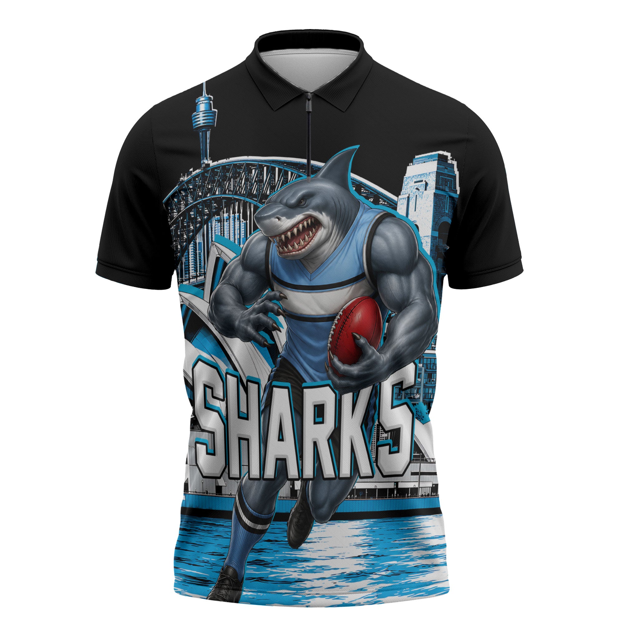 Personalised Sydney Sharks Rugby Zipper Polo Shirt Muscular Mascot Harbour Bridge Skyline Graphic