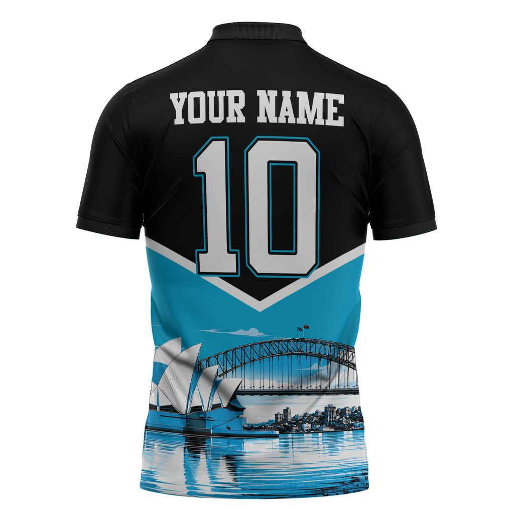 Personalised Sydney Sharks Rugby Zipper Polo Shirt Muscular Mascot Harbour Bridge Skyline Graphic