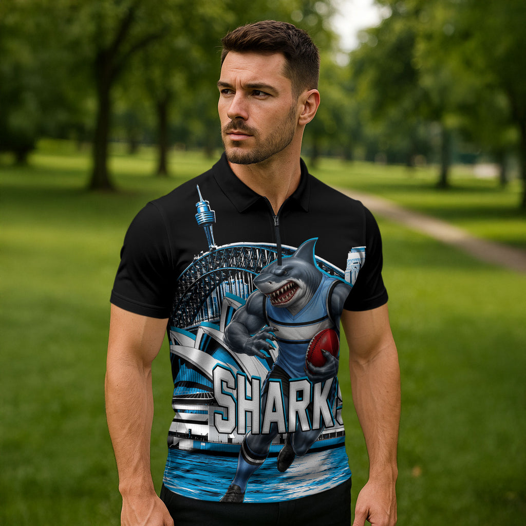 Personalised Sydney Sharks Rugby Zipper Polo Shirt Muscular Mascot Harbour Bridge Skyline Graphic
