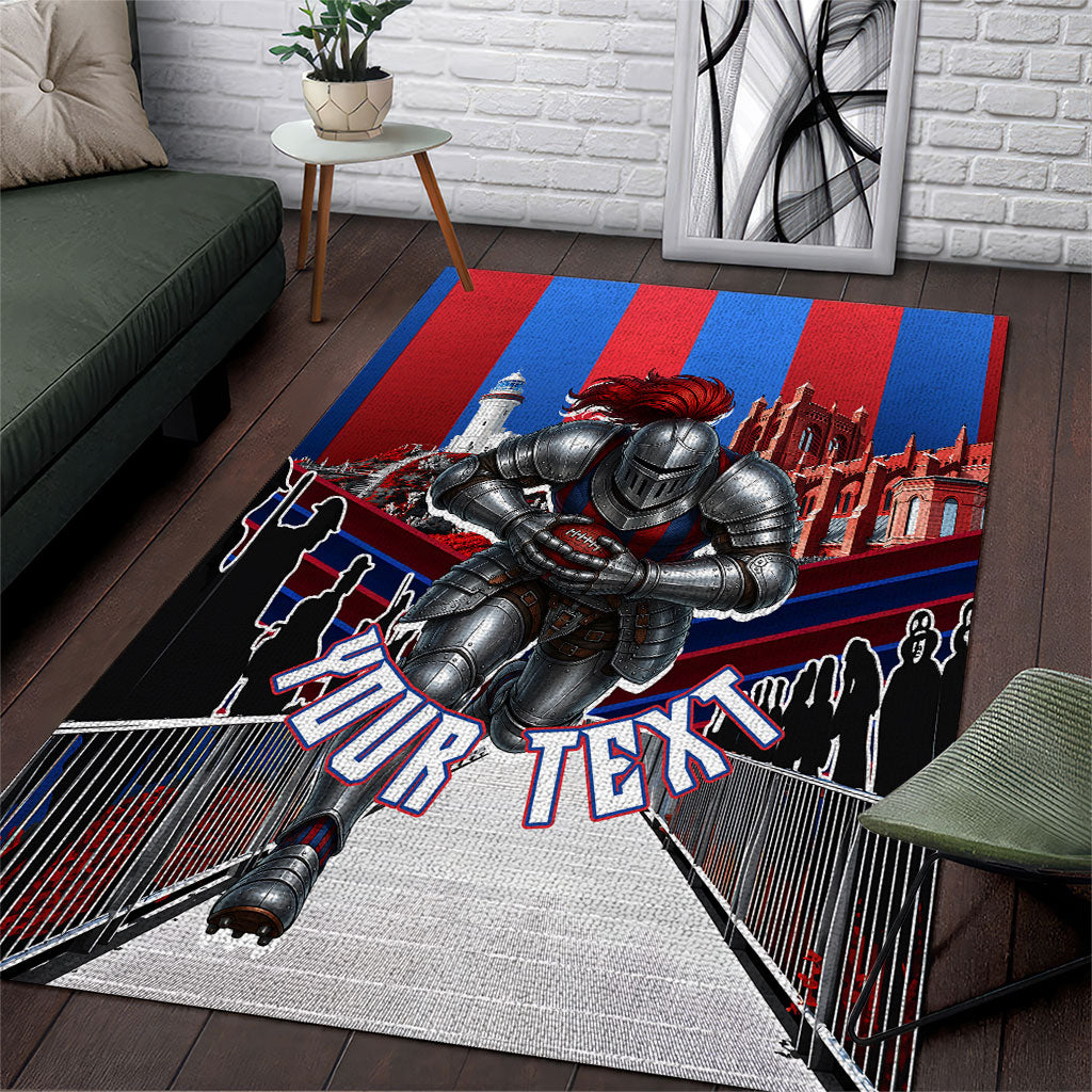 Personalised Newcastle Knights Rugby Area Rug Armored Knight Mascot City Landmark Graphic