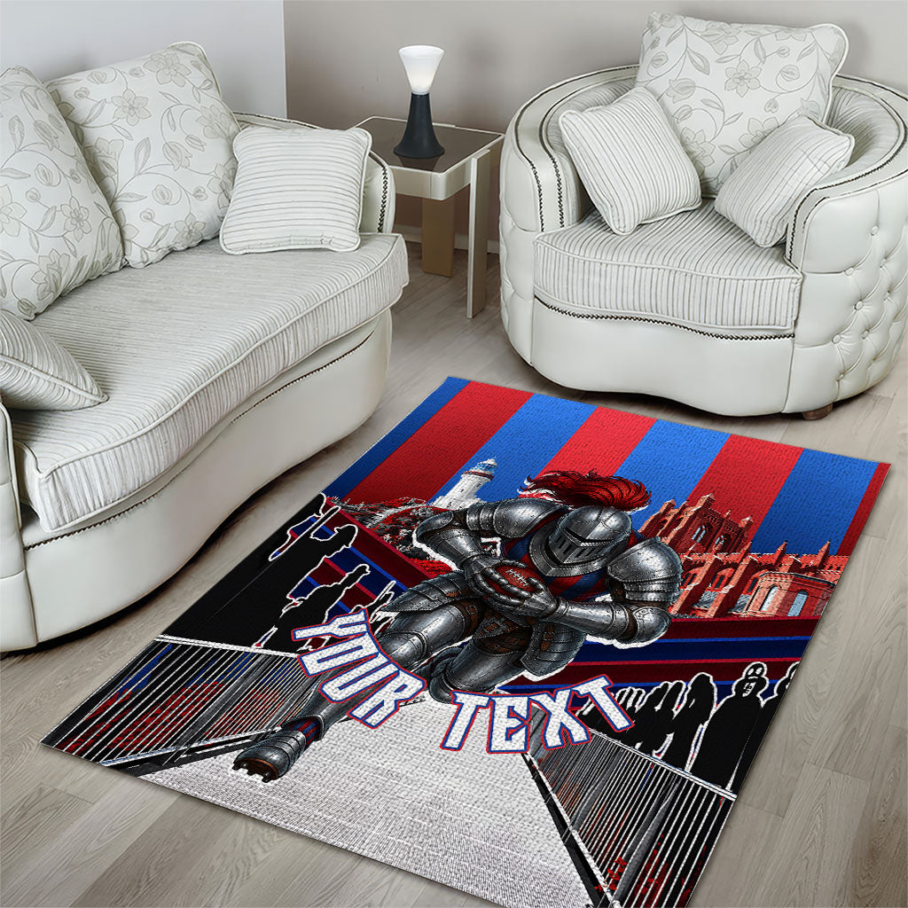 Personalised Newcastle Knights Rugby Area Rug Armored Knight Mascot City Landmark Graphic