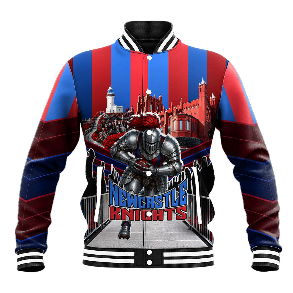 Personalised Newcastle Knights Rugby Baseball Jacket Armored Knight Mascot City Landmark Graphic