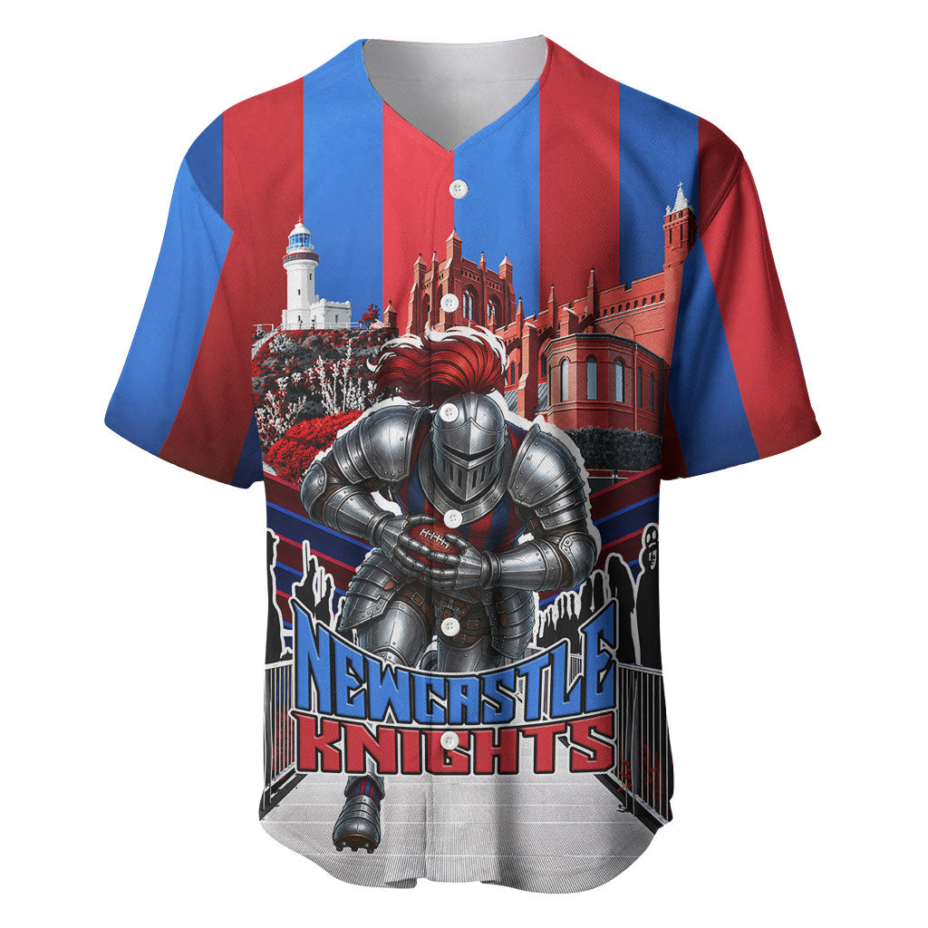 Personalised Newcastle Knights Rugby Baseball Jersey Armored Knight Mascot City Landmark Graphic