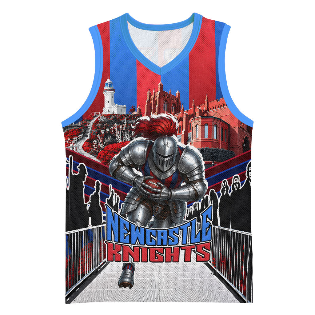 Personalised Newcastle Knights Rugby Basketball Jersey Armored Knight Mascot City Landmark Graphic