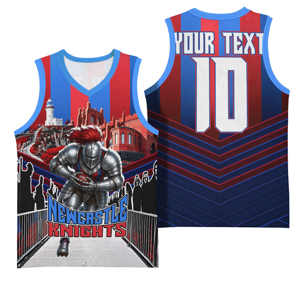 Personalised Newcastle Knights Rugby Basketball Jersey Armored Knight Mascot City Landmark Graphic