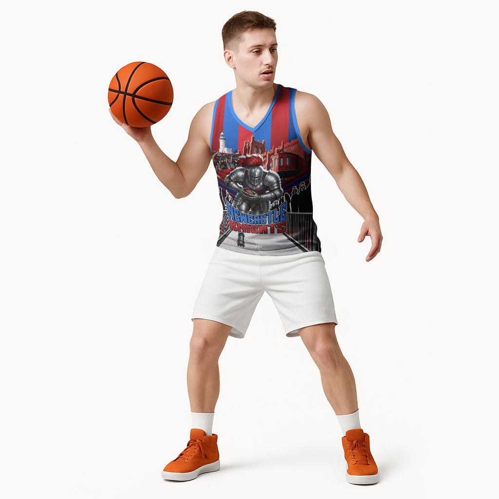Personalised Newcastle Knights Rugby Basketball Jersey Armored Knight Mascot City Landmark Graphic