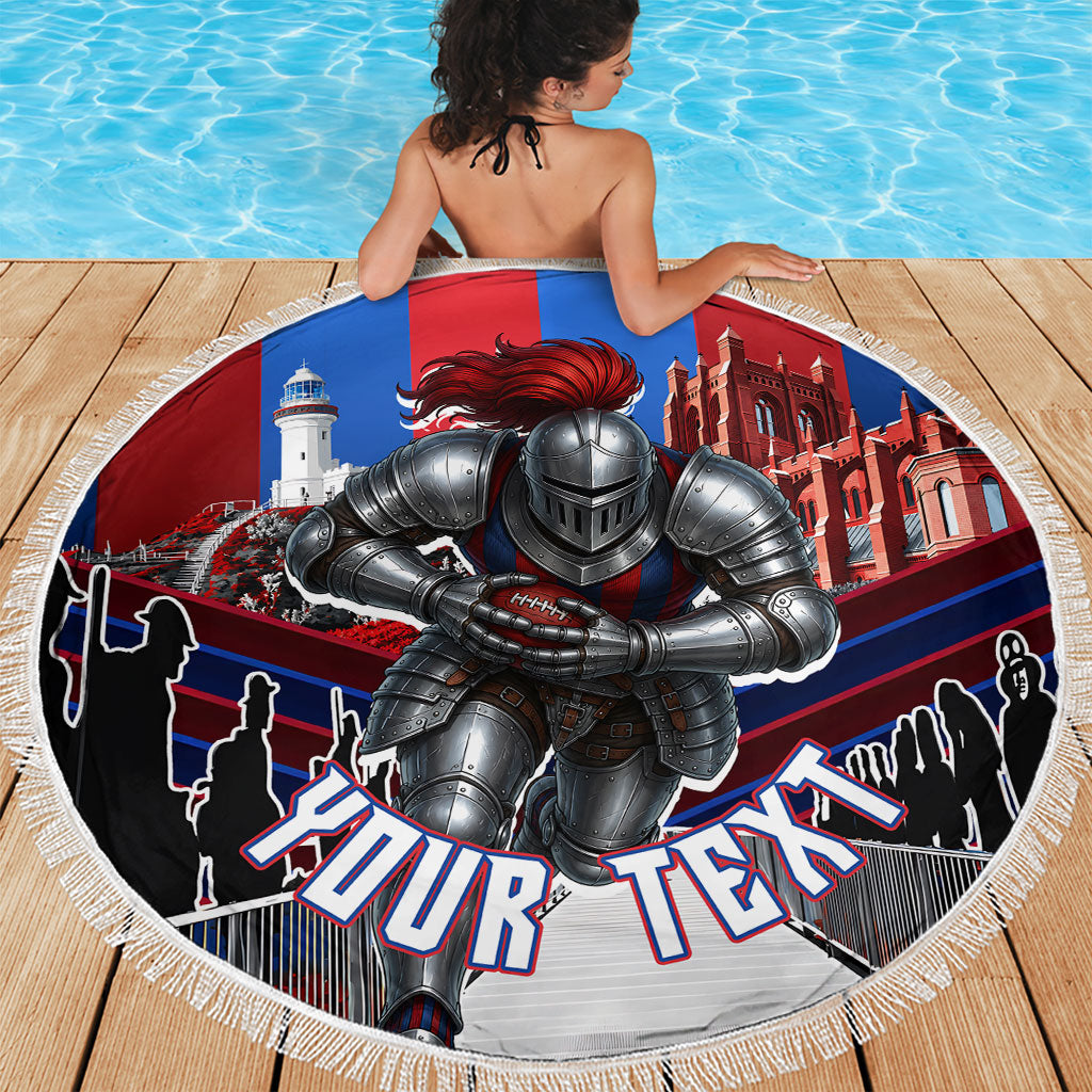 Personalised Newcastle Knights Rugby Beach Blanket Armored Knight Mascot City Landmark Graphic