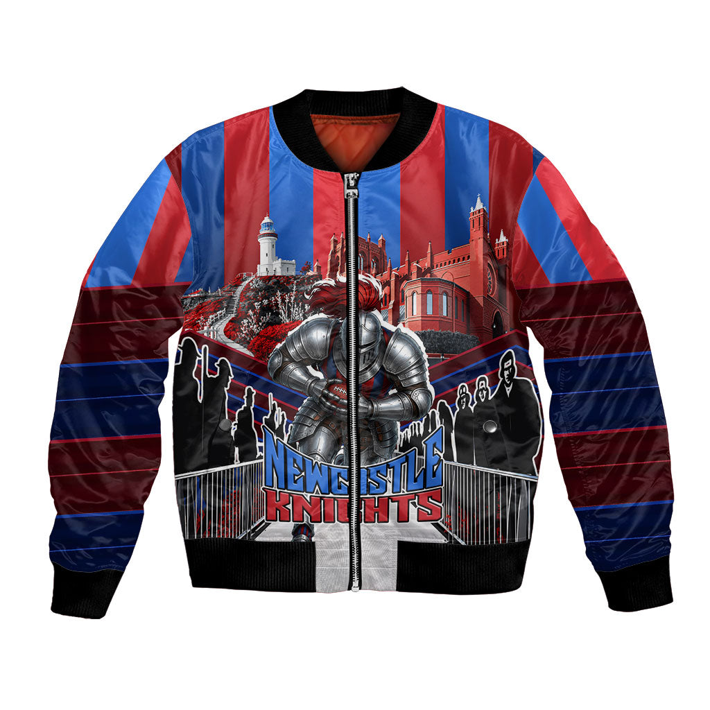 Personalised Newcastle Knights Rugby Bomber Jacket Armored Knight Mascot City Landmark Graphic