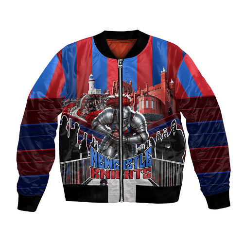 Personalised Newcastle Knights Rugby Bomber Jacket Armored Knight Mascot City Landmark Graphic