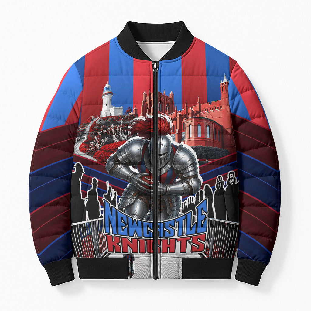 Personalised Newcastle Knights Rugby Bomber Puffer Jacket Armored Knight Mascot City Landmark Graphic