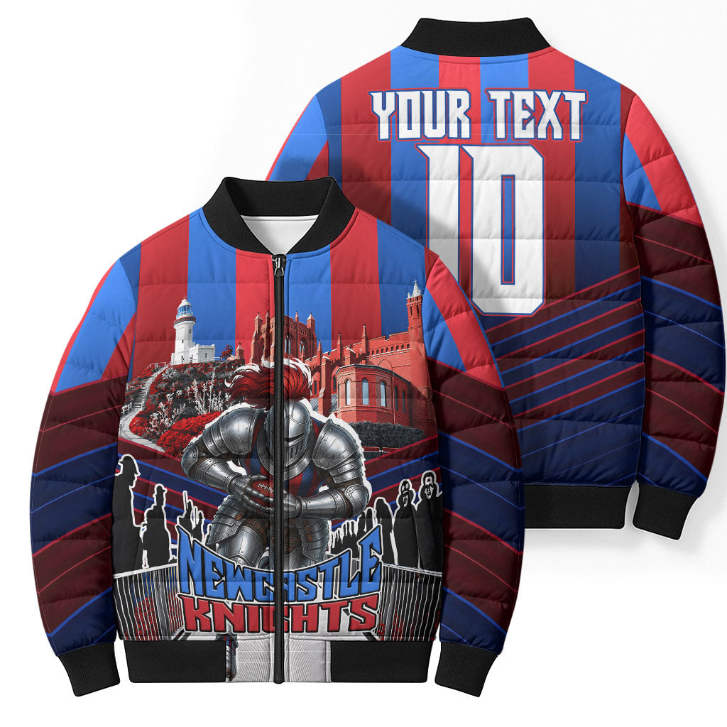 Personalised Newcastle Knights Rugby Bomber Puffer Jacket Armored Knight Mascot City Landmark Graphic