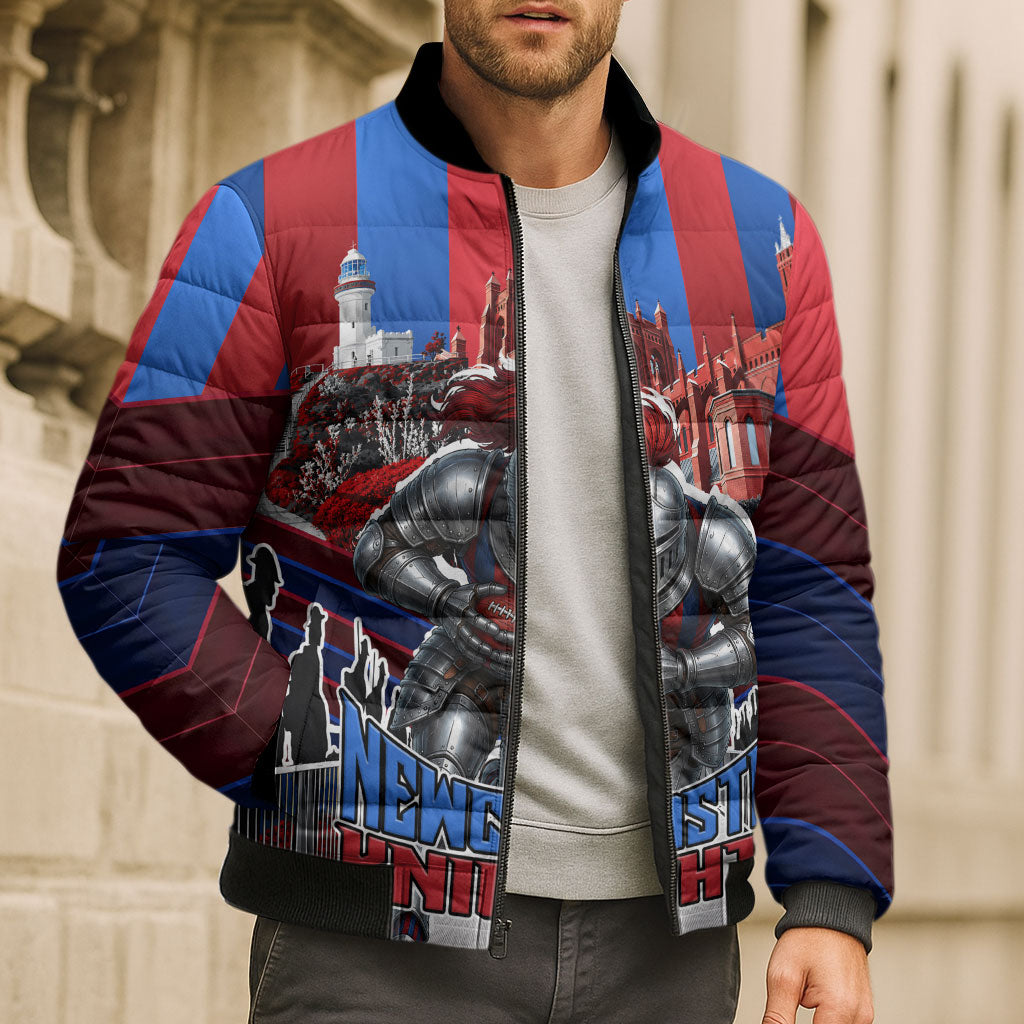 Personalised Newcastle Knights Rugby Bomber Puffer Jacket Armored Knight Mascot City Landmark Graphic