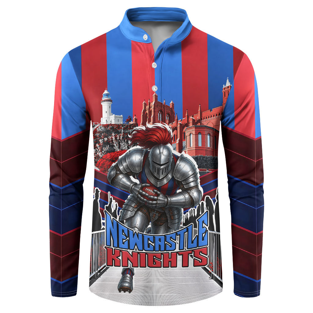 Personalised Newcastle Knights Rugby Button Sweatshirt Armored Knight Mascot City Landmark Graphic