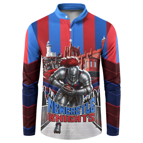 Personalised Newcastle Knights Rugby Button Sweatshirt Armored Knight Mascot City Landmark Graphic
