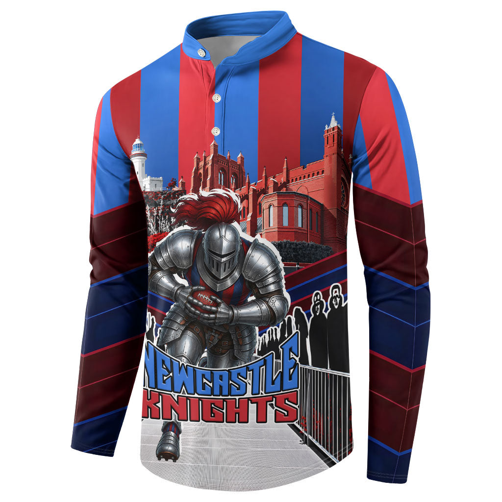 Personalised Newcastle Knights Rugby Button Sweatshirt Armored Knight Mascot City Landmark Graphic