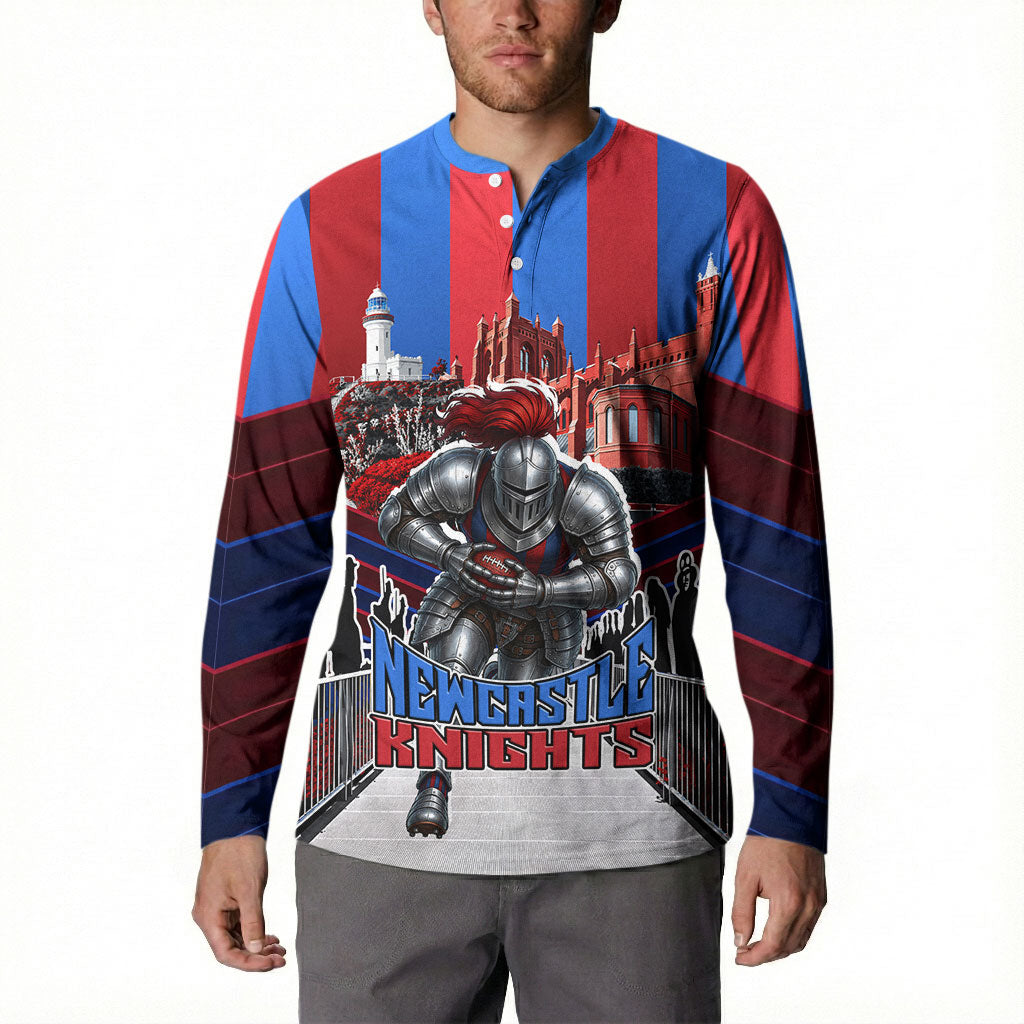 Personalised Newcastle Knights Rugby Button Sweatshirt Armored Knight Mascot City Landmark Graphic