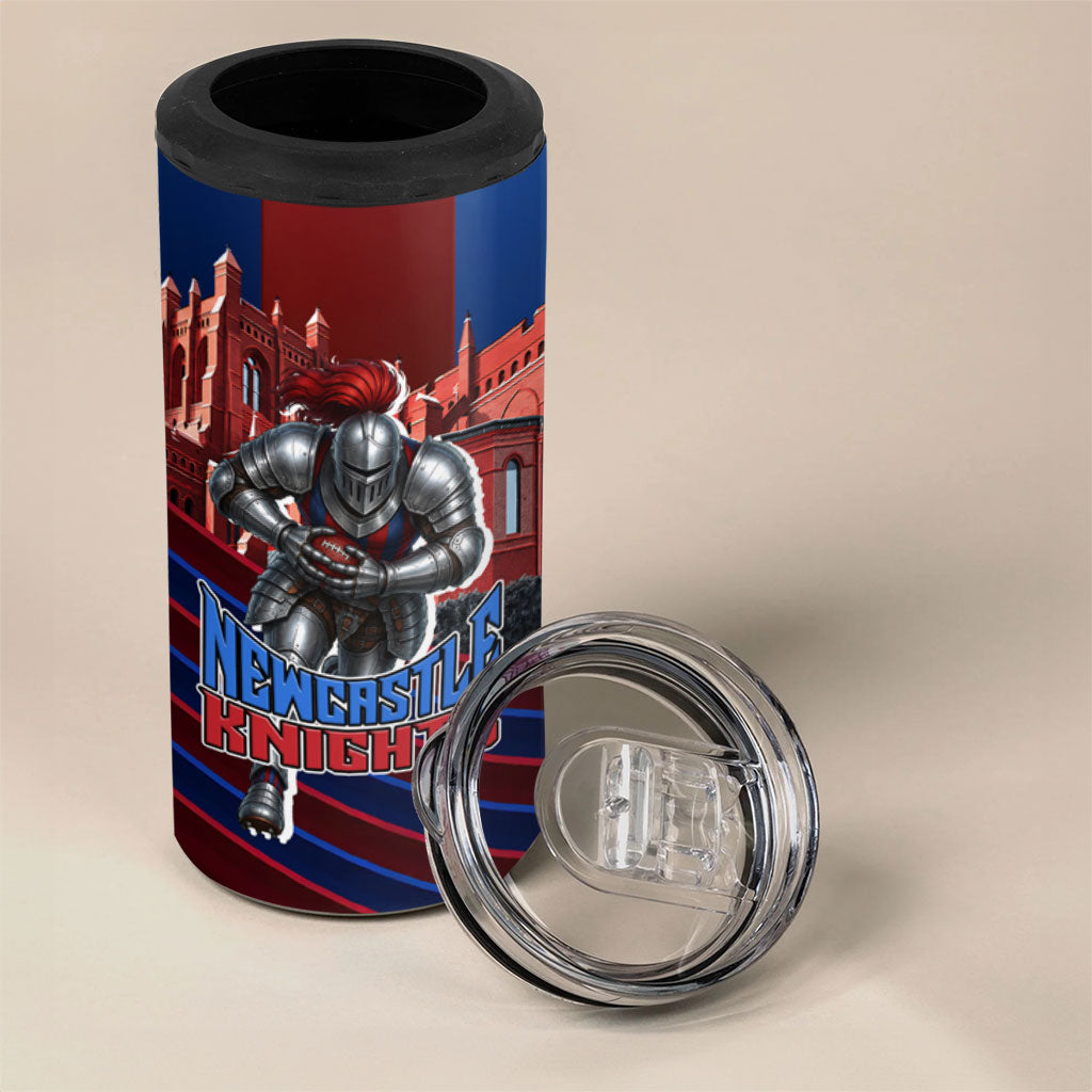 Personalised Newcastle Knights Rugby 4 in 1 Can Cooler Tumbler Armored Knight Mascot City Landmark Graphic