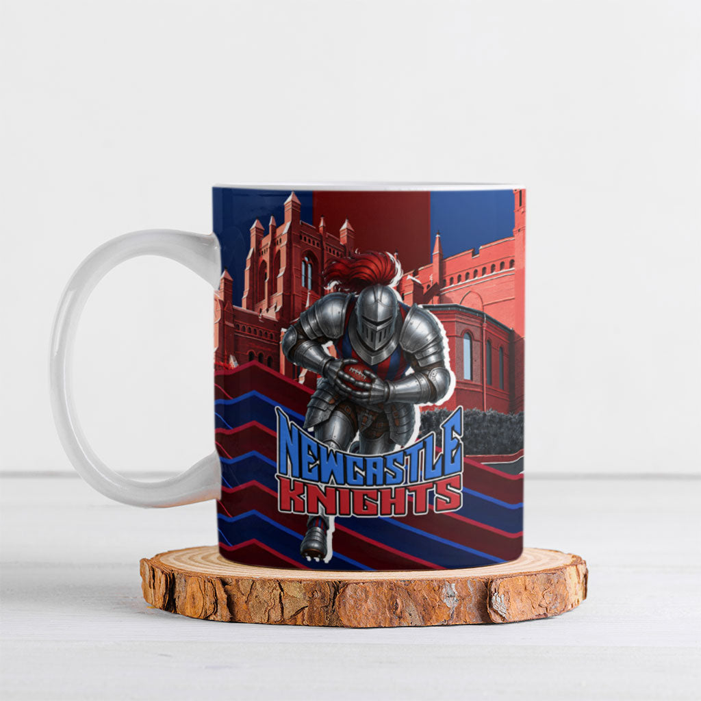 Personalised Newcastle Knights Rugby Ceramic Mug Armored Knight Mascot City Landmark Graphic