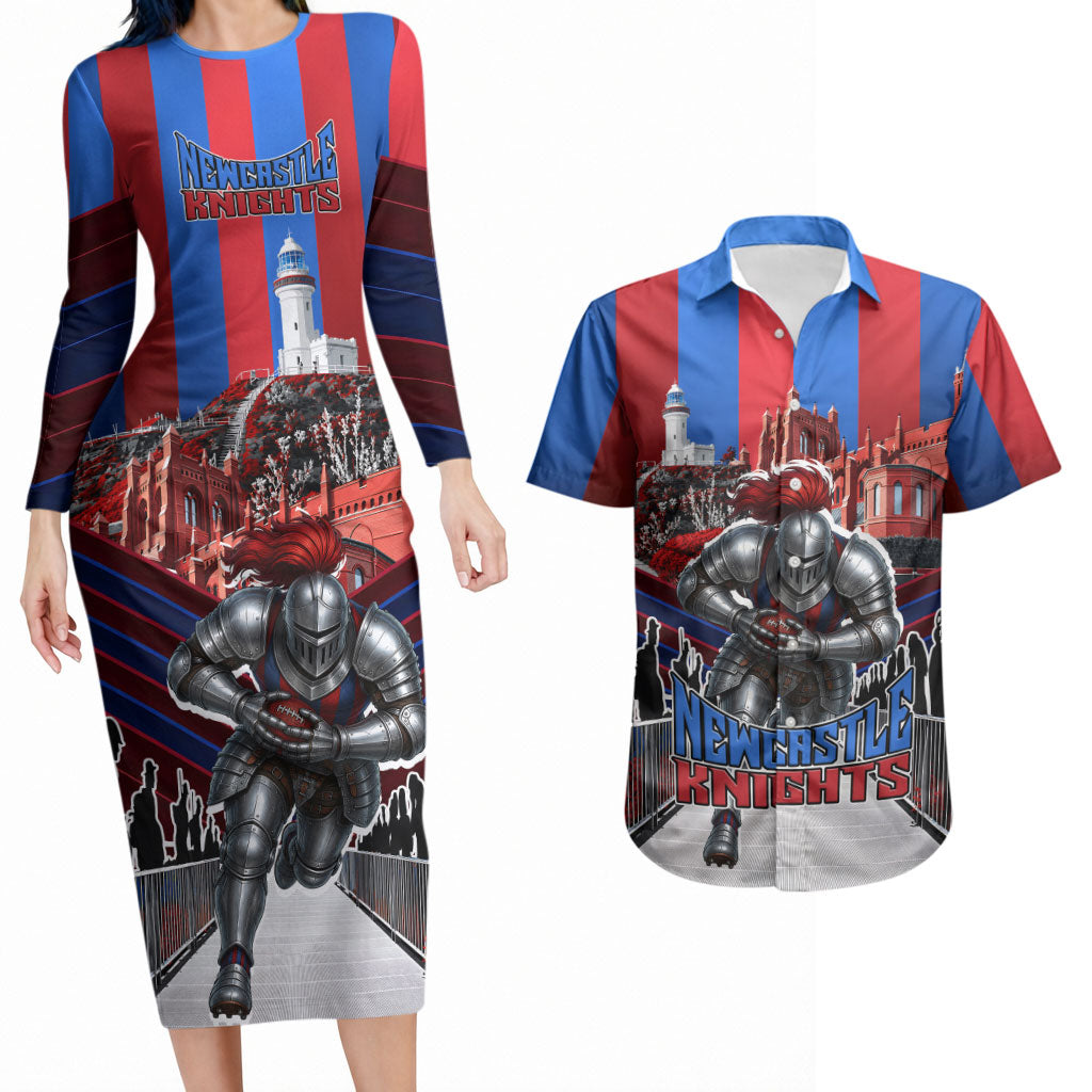 Personalised Newcastle Knights Rugby Couples Matching Long Sleeve Bodycon Dress and Hawaiian Shirt Armored Knight Mascot City Landmark Graphic
