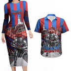Personalised Newcastle Knights Rugby Couples Matching Long Sleeve Bodycon Dress and Hawaiian Shirt Armored Knight Mascot City Landmark Graphic
