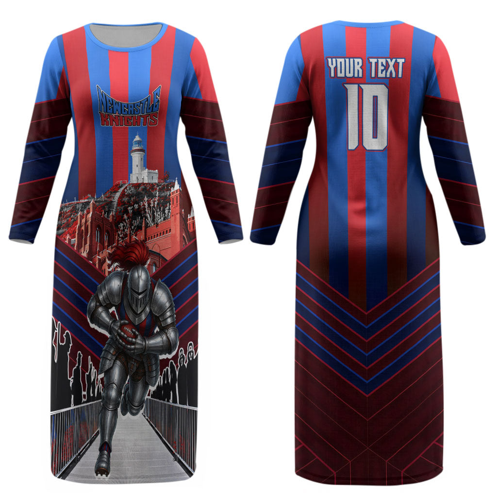 Personalised Newcastle Knights Rugby Couples Matching Long Sleeve Bodycon Dress and Hawaiian Shirt Armored Knight Mascot City Landmark Graphic