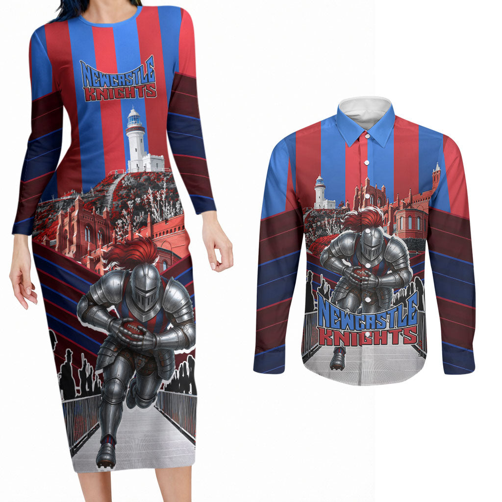 Personalised Newcastle Knights Rugby Couples Matching Long Sleeve Bodycon Dress and Long Sleeve Button Shirt Armored Knight Mascot City Landmark Graphic