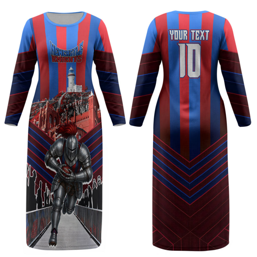Personalised Newcastle Knights Rugby Couples Matching Long Sleeve Bodycon Dress and Long Sleeve Button Shirt Armored Knight Mascot City Landmark Graphic