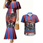 Personalised Newcastle Knights Rugby Couples Matching Mermaid Dress and Hawaiian Shirt Armored Knight Mascot City Landmark Graphic