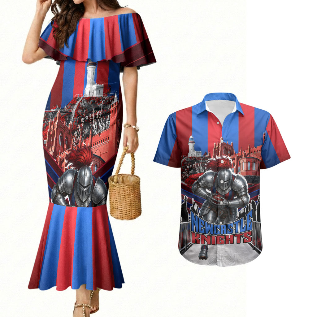 Personalised Newcastle Knights Rugby Couples Matching Mermaid Dress and Hawaiian Shirt Armored Knight Mascot City Landmark Graphic