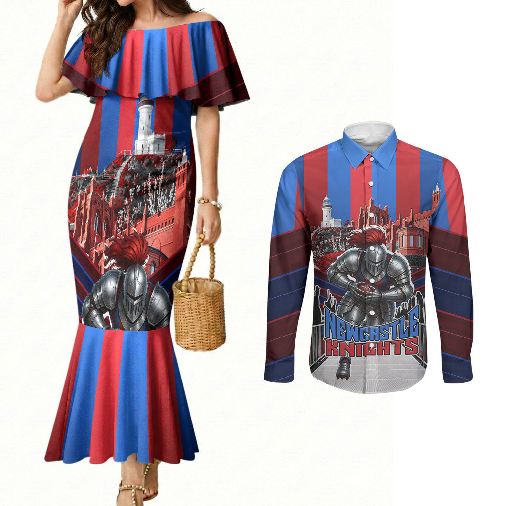 Personalised Newcastle Knights Rugby Couples Matching Mermaid Dress and Long Sleeve Button Shirt Armored Knight Mascot City Landmark Graphic
