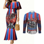 Personalised Newcastle Knights Rugby Couples Matching Mermaid Dress and Long Sleeve Button Shirt Armored Knight Mascot City Landmark Graphic