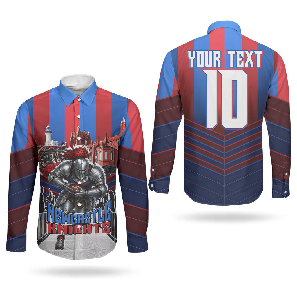 Personalised Newcastle Knights Rugby Couples Matching Mermaid Dress and Long Sleeve Button Shirt Armored Knight Mascot City Landmark Graphic