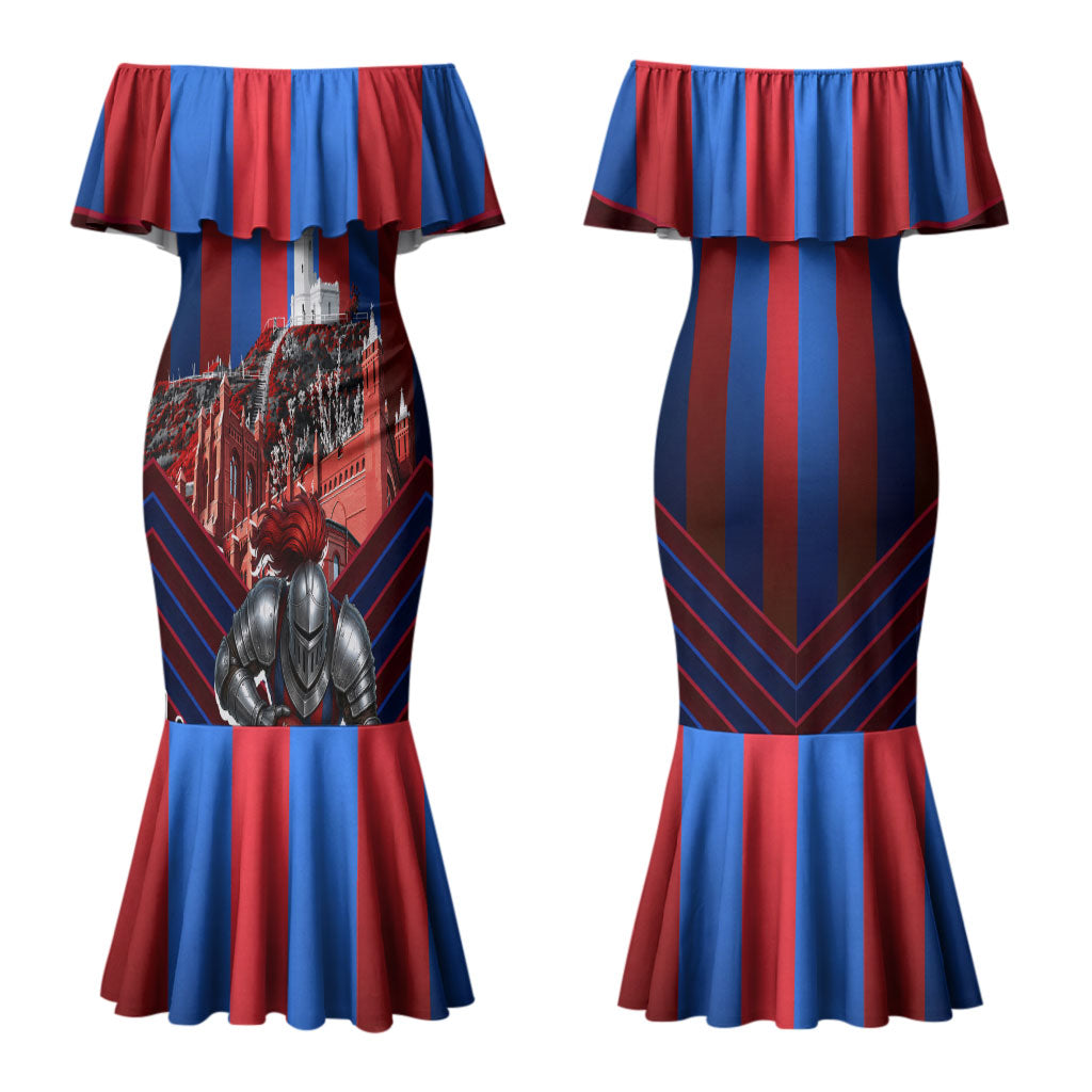 Personalised Newcastle Knights Rugby Couples Matching Mermaid Dress and Long Sleeve Button Shirt Armored Knight Mascot City Landmark Graphic