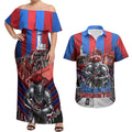 Personalised Newcastle Knights Rugby Couples Matching Off Shoulder Maxi Dress and Hawaiian Shirt Armored Knight Mascot City Landmark Graphic