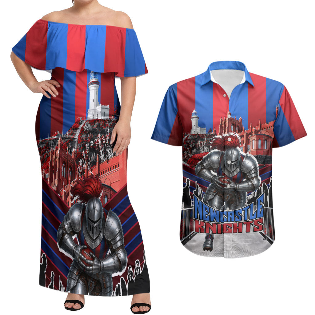Personalised Newcastle Knights Rugby Couples Matching Off Shoulder Maxi Dress and Hawaiian Shirt Armored Knight Mascot City Landmark Graphic