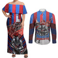 Personalised Newcastle Knights Rugby Couples Matching Off Shoulder Maxi Dress and Long Sleeve Button Shirt Armored Knight Mascot City Landmark Graphic