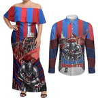 Personalised Newcastle Knights Rugby Couples Matching Off Shoulder Maxi Dress and Long Sleeve Button Shirt Armored Knight Mascot City Landmark Graphic