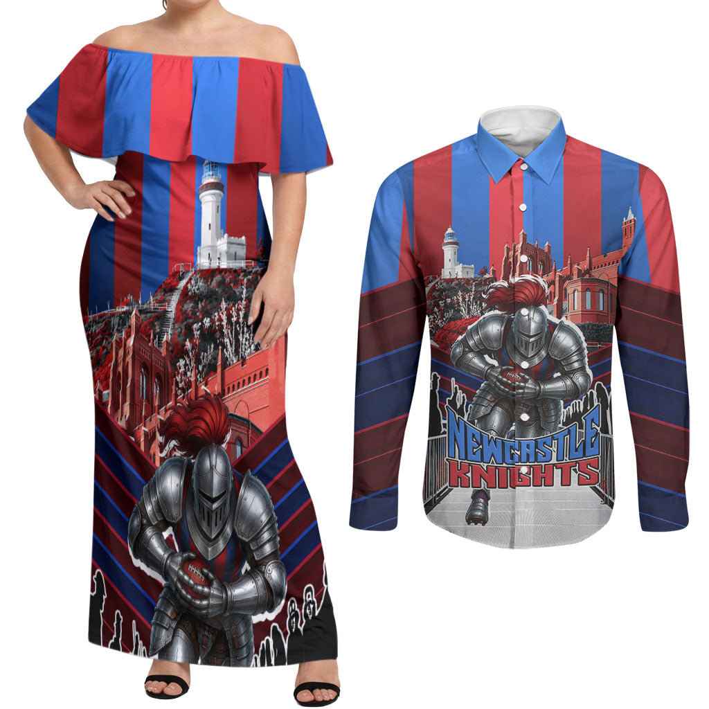Personalised Newcastle Knights Rugby Couples Matching Off Shoulder Maxi Dress and Long Sleeve Button Shirt Armored Knight Mascot City Landmark Graphic