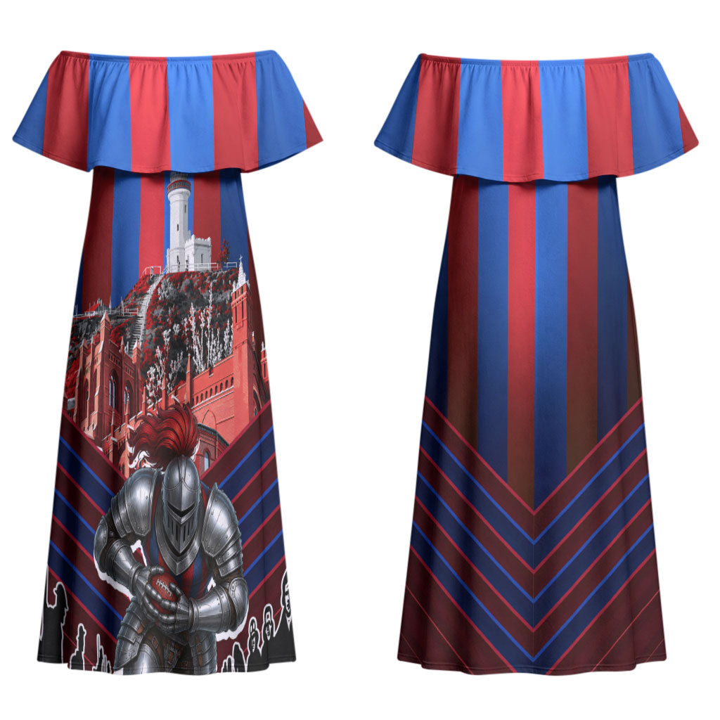 Personalised Newcastle Knights Rugby Couples Matching Off Shoulder Maxi Dress and Long Sleeve Button Shirt Armored Knight Mascot City Landmark Graphic