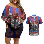 Personalised Newcastle Knights Rugby Couples Matching Off Shoulder Short Dress and Hawaiian Shirt Armored Knight Mascot City Landmark Graphic