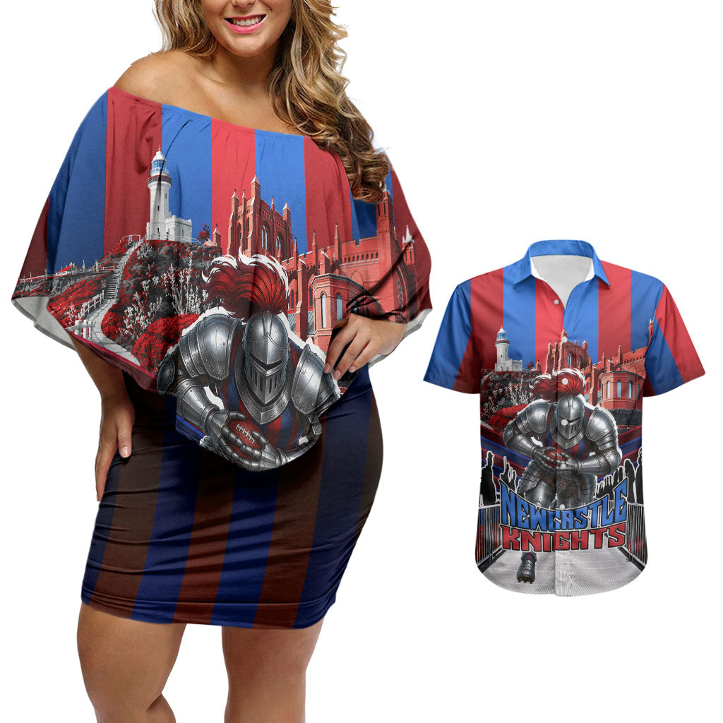 Personalised Newcastle Knights Rugby Couples Matching Off Shoulder Short Dress and Hawaiian Shirt Armored Knight Mascot City Landmark Graphic