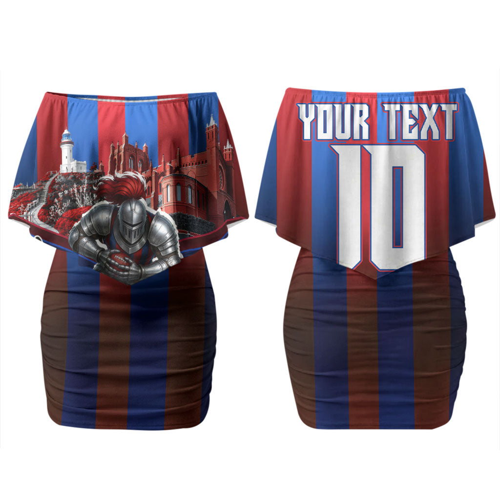 Personalised Newcastle Knights Rugby Couples Matching Off Shoulder Short Dress and Hawaiian Shirt Armored Knight Mascot City Landmark Graphic