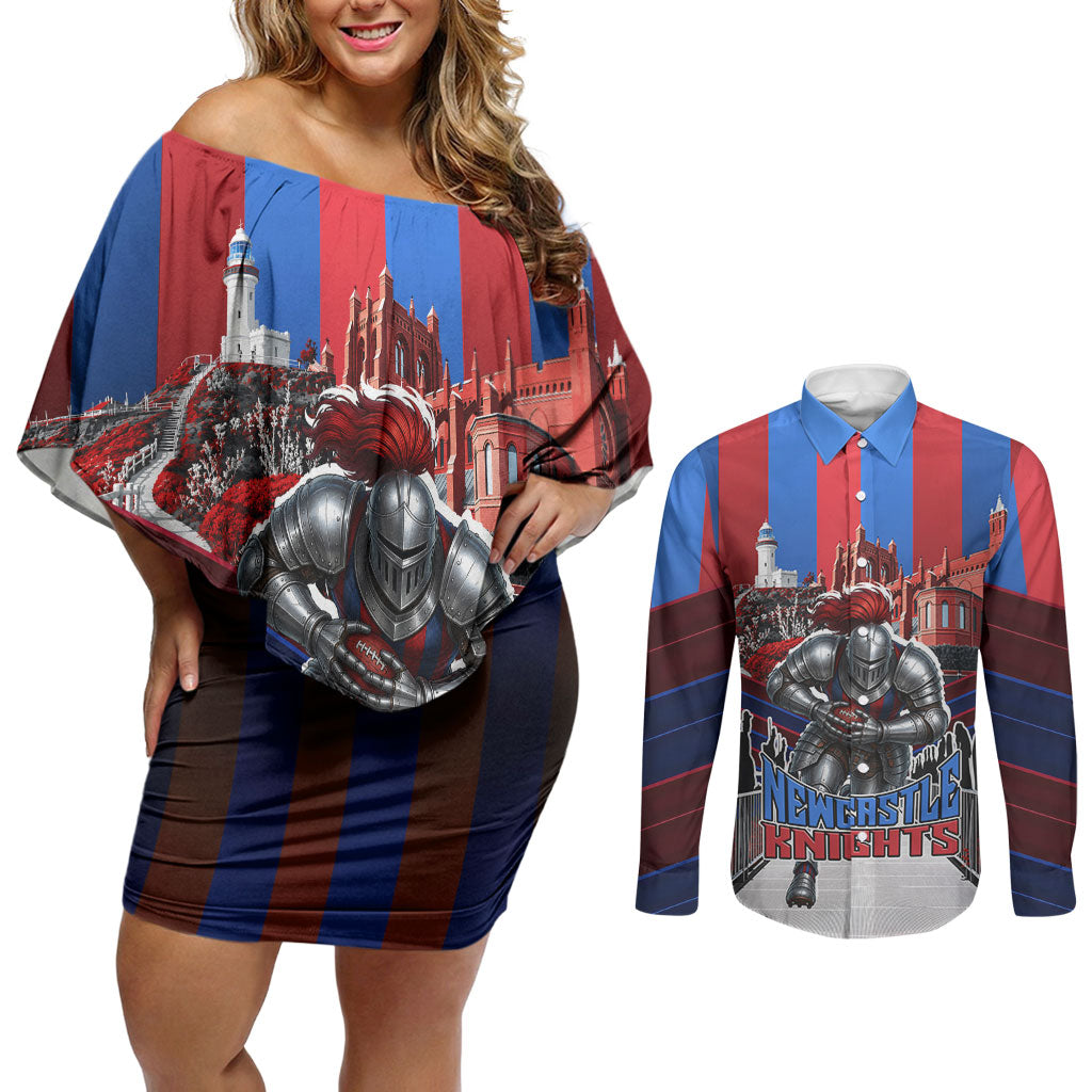 Personalised Newcastle Knights Rugby Couples Matching Off Shoulder Short Dress and Long Sleeve Button Shirt Armored Knight Mascot City Landmark Graphic