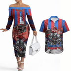 Personalised Newcastle Knights Rugby Couples Matching Off The Shoulder Long Sleeve Dress and Hawaiian Shirt Armored Knight Mascot City Landmark Graphic