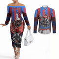 Personalised Newcastle Knights Rugby Couples Matching Off The Shoulder Long Sleeve Dress and Long Sleeve Button Shirt Armored Knight Mascot City Landmark Graphic