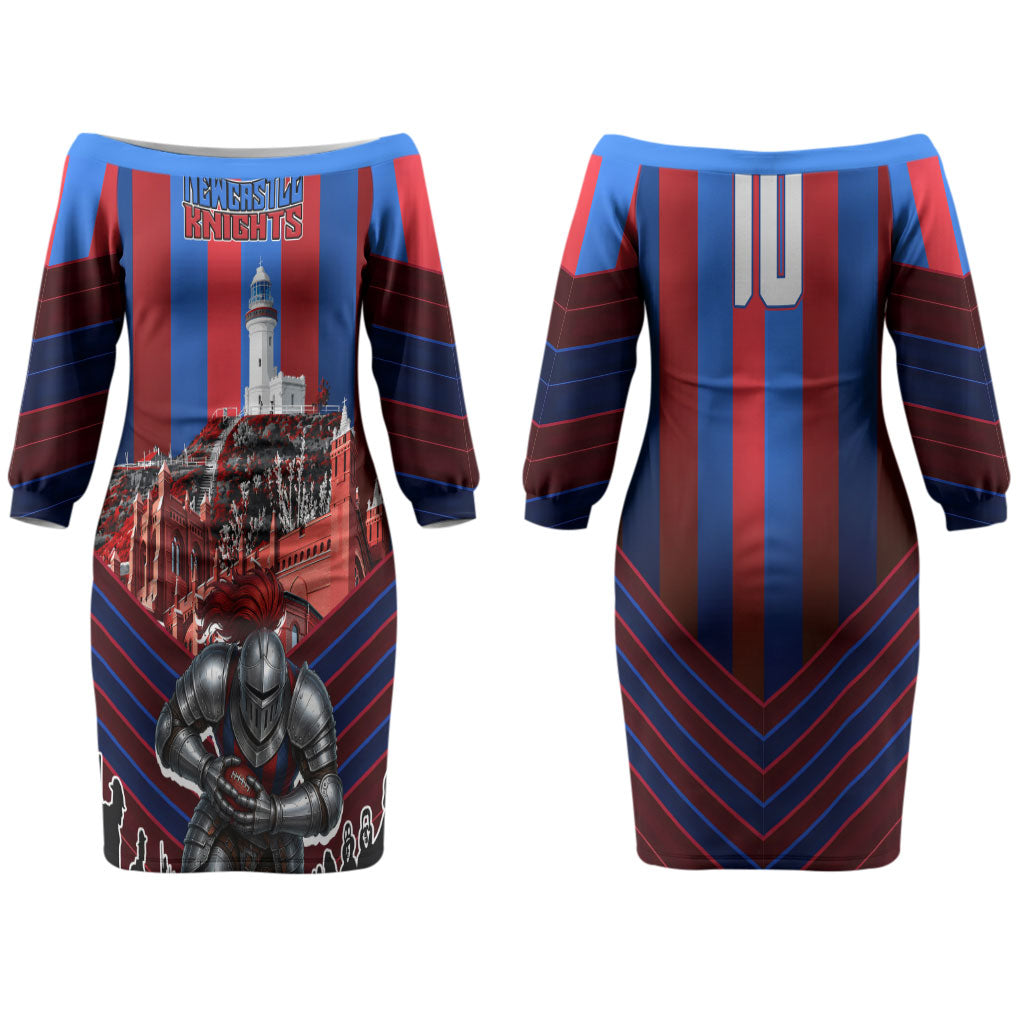 Personalised Newcastle Knights Rugby Couples Matching Off The Shoulder Long Sleeve Dress and Long Sleeve Button Shirt Armored Knight Mascot City Landmark Graphic