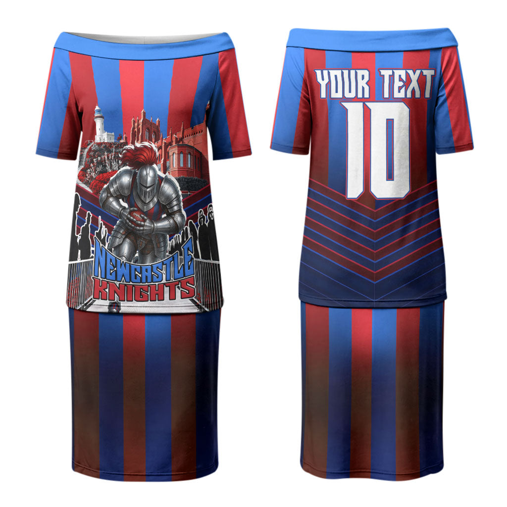 Personalised Newcastle Knights Rugby Couples Matching Puletasi and Hawaiian Shirt Armored Knight Mascot City Landmark Graphic